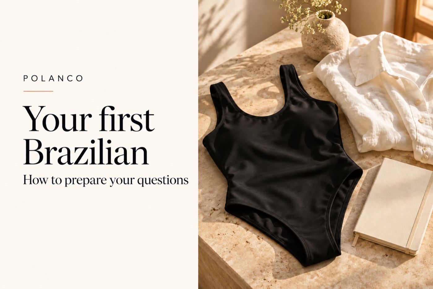 Black swimwear, linen shirt and notebook, Brazilian preparation editorial cover.