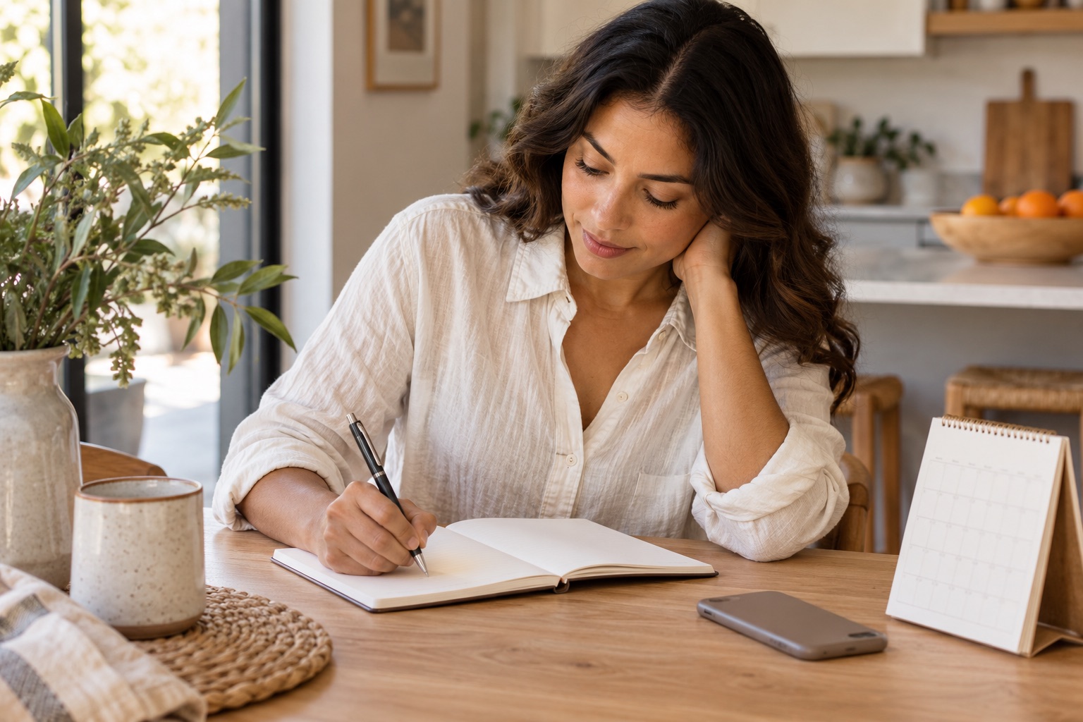 Mujer adulta escribiendo preguntas para organizar su cita; imagen ilustrativa de planificación.