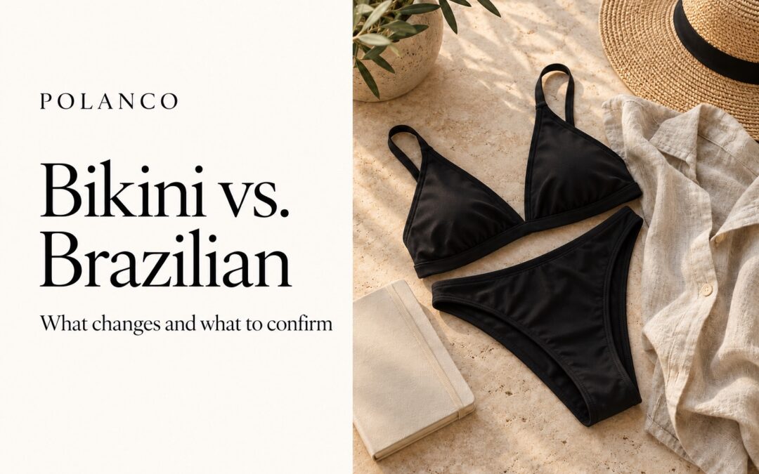Bikini vs. Brazilian cover with black swimwear, a linen shirt and a notebook; illustrative composition.