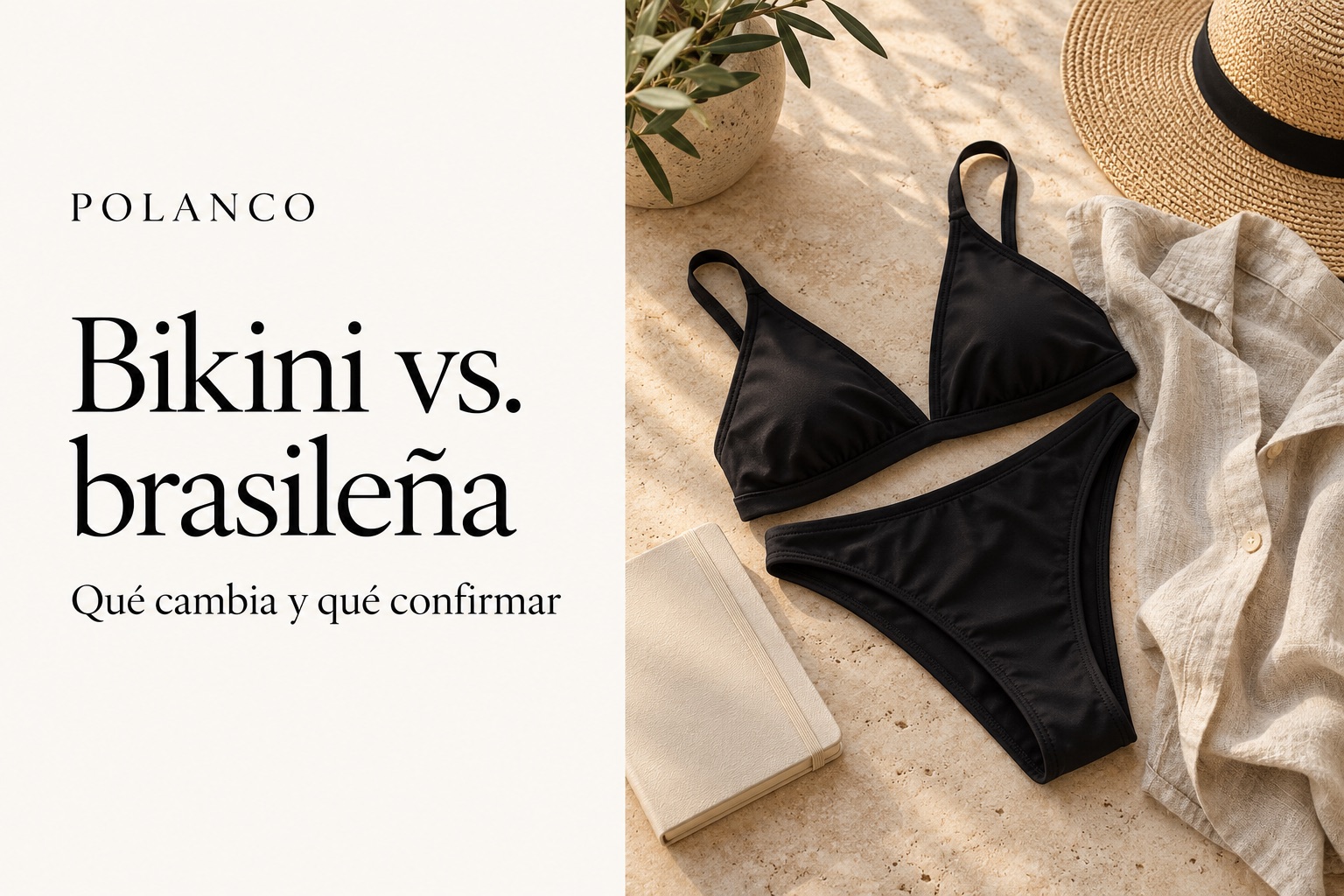 Portada Bikini vs. brasileña con traje de baño negro, camisa de lino y libreta; composición ilustrativa.