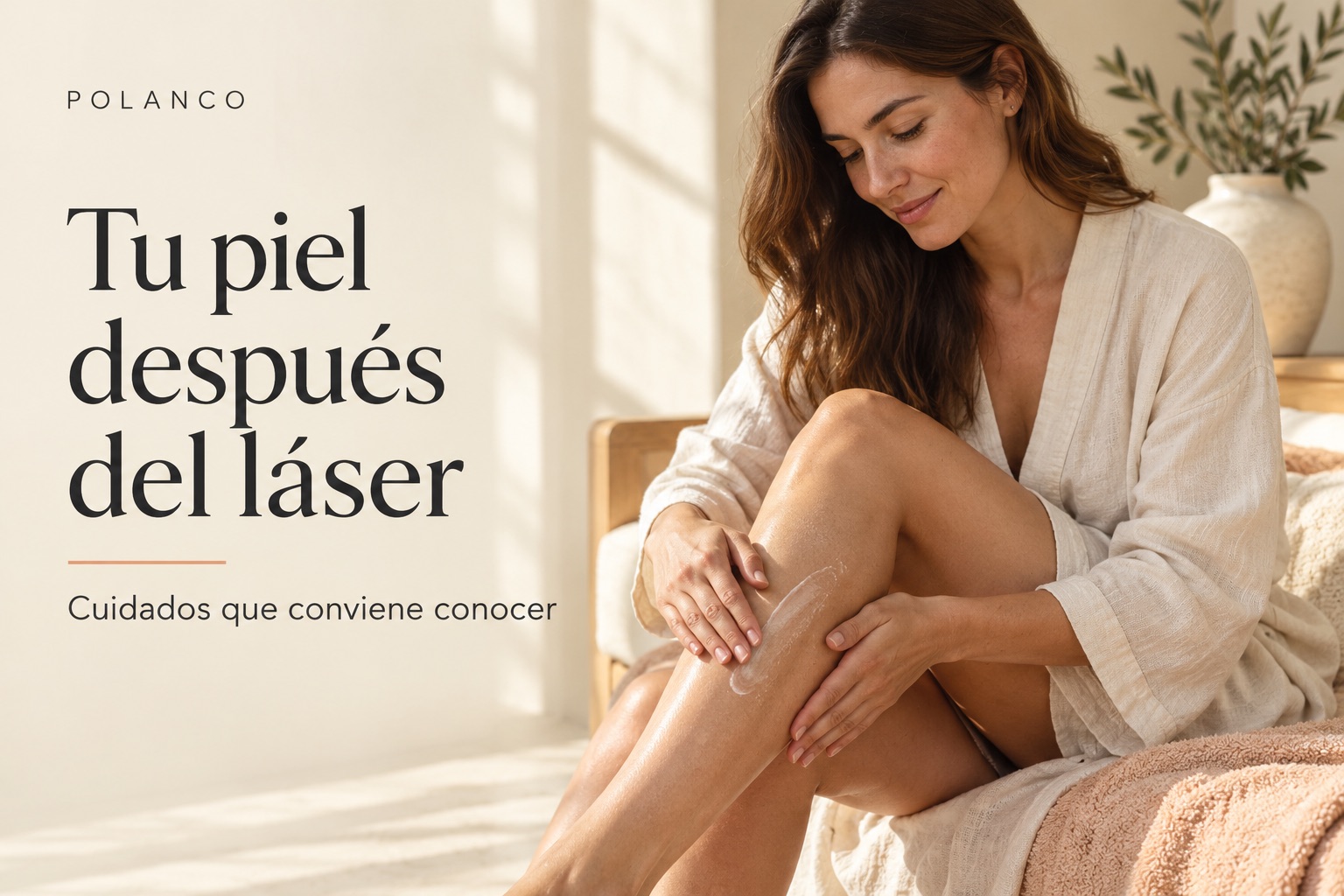 Tu piel después del láser: modelo adulta aplicando crema en la pierna, escena ilustrativa.