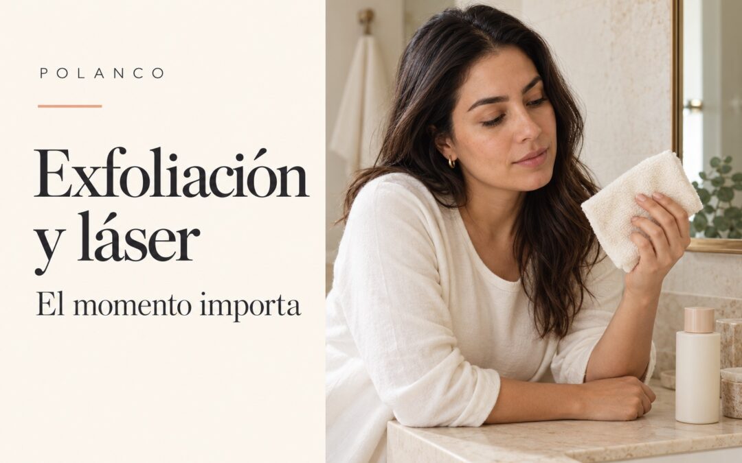 Portada Exfoliación y láser con una mujer adulta sosteniendo una toalla sin frotar la piel; escena ilustrativa.