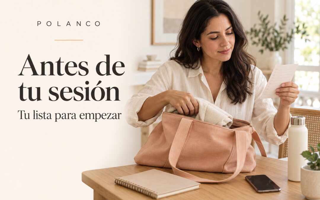 Portada Antes de tu sesión con una mujer adulta revisando una lista junto a su bolso; escena ilustrativa.