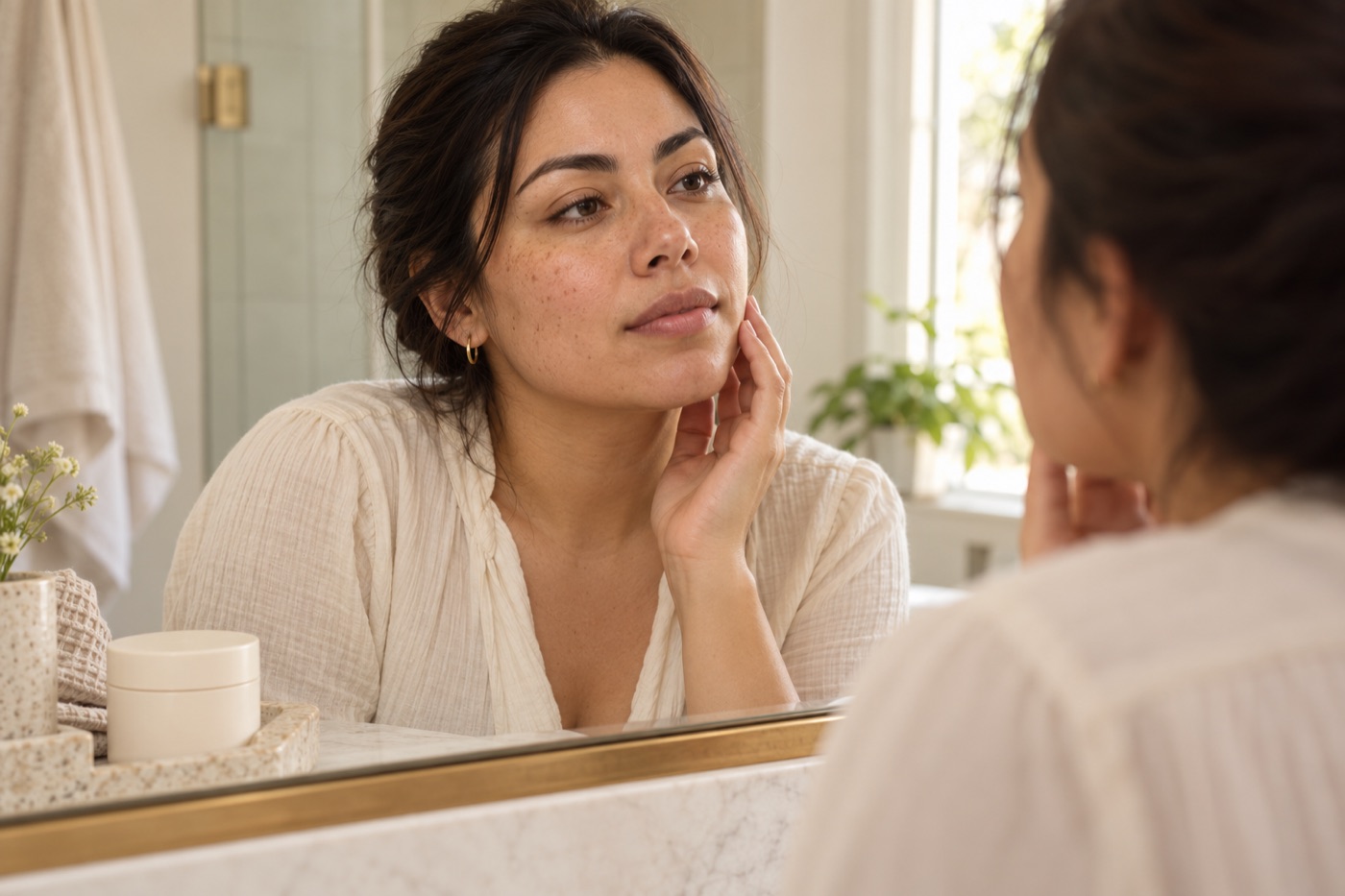 Mujer adulta observando su rostro en un espejo, imagen ilustrativa de rutina facial