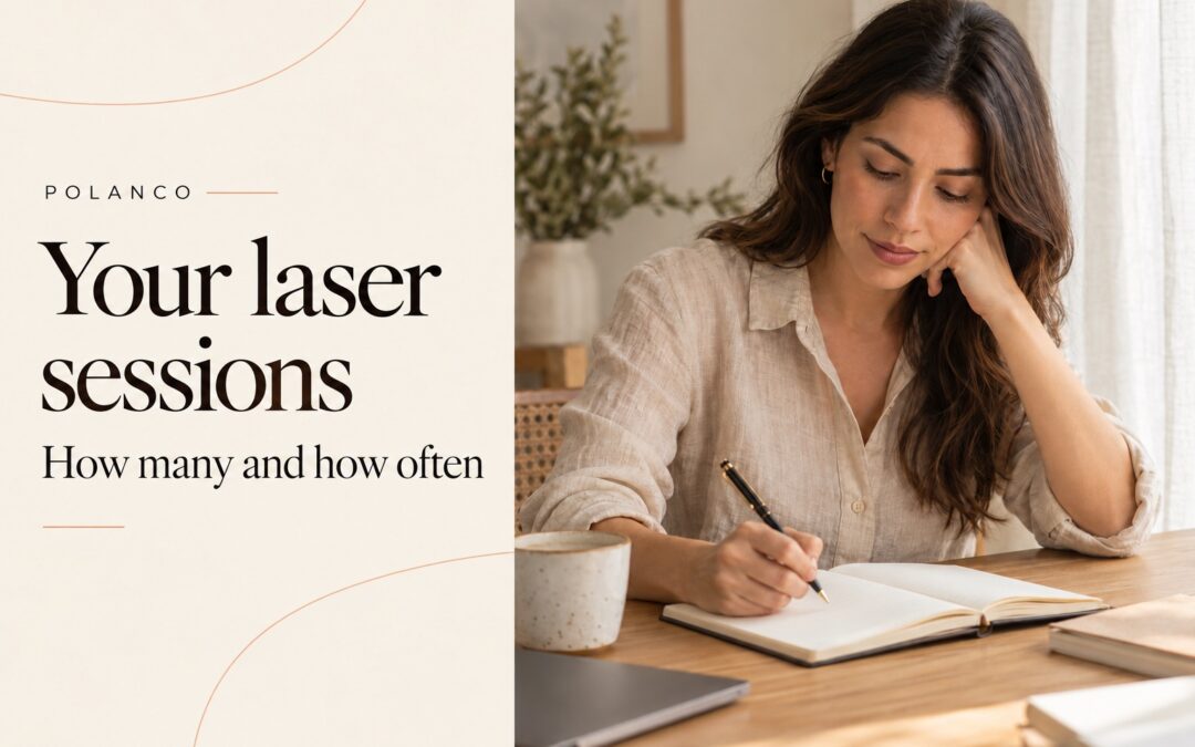 Your laser sessions cover with an adult woman reviewing a notebook; illustrative planning scene.