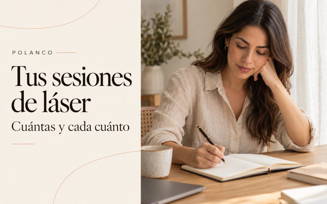 Portada Tus sesiones de láser con una mujer adulta revisando su libreta; escena ilustrativa de planificación.