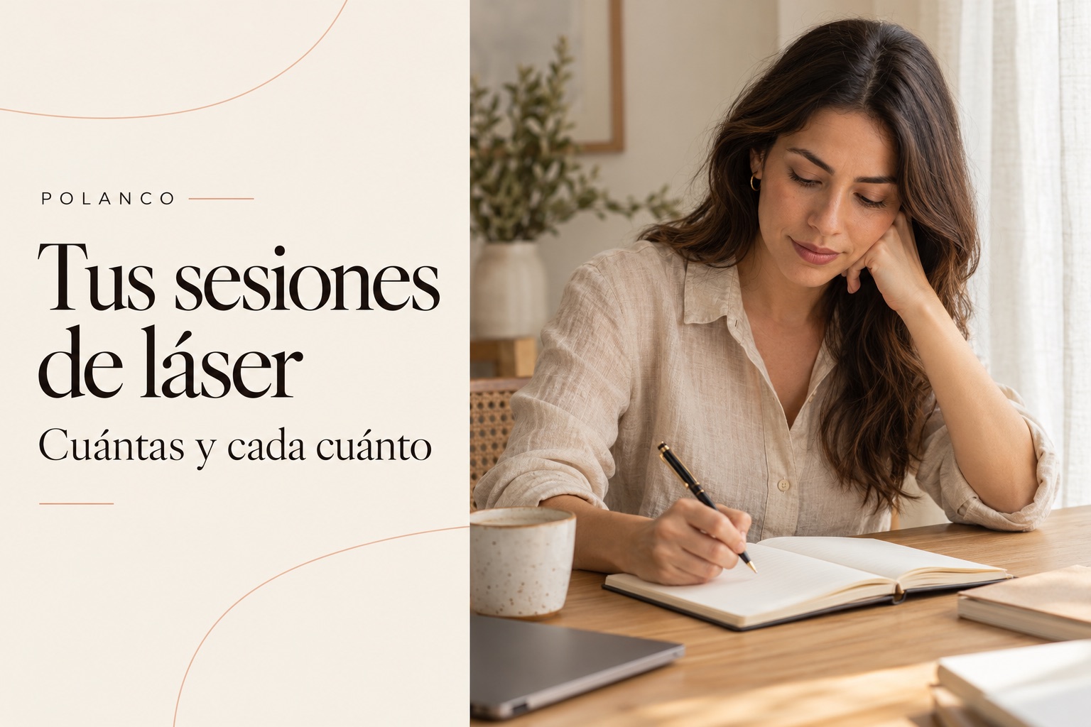 Portada Tus sesiones de láser con una mujer adulta revisando su libreta; escena ilustrativa de planificación.