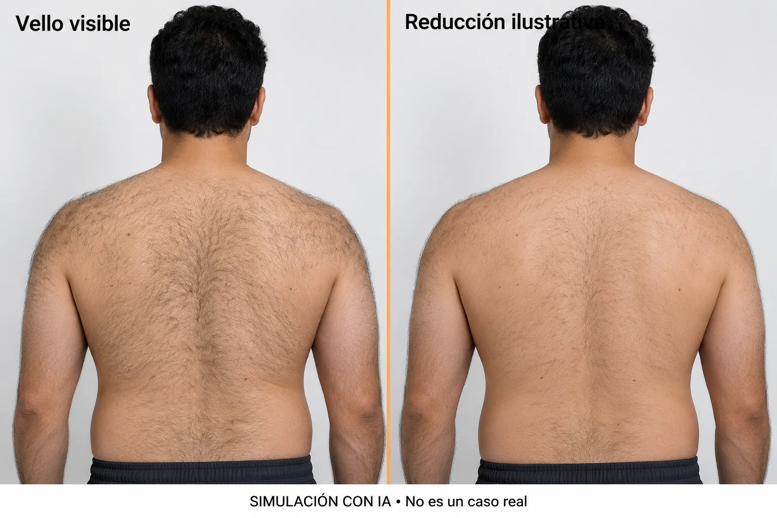 Simulación ilustrativa de Depilación láser de espalda en Tijuana; no es un caso real