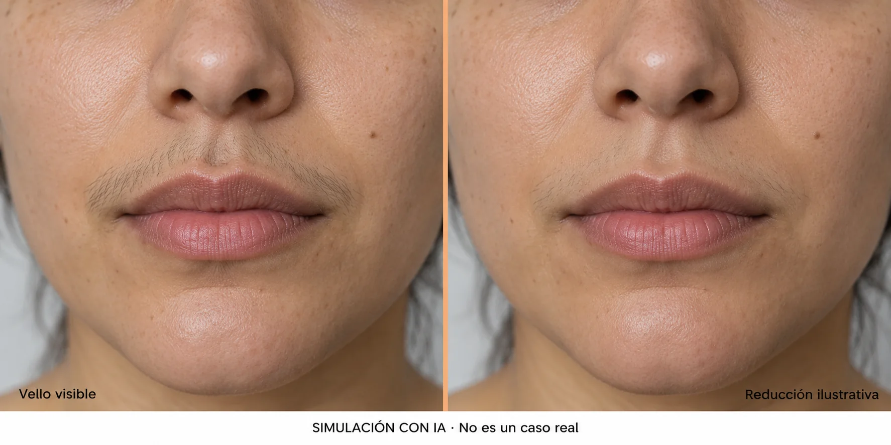 Simulación con IA de reducción de vello del labio superior; modelo ficticio, no paciente Simulación con IA de reducción de vello del labio superior; modelo ficticio, no paciente