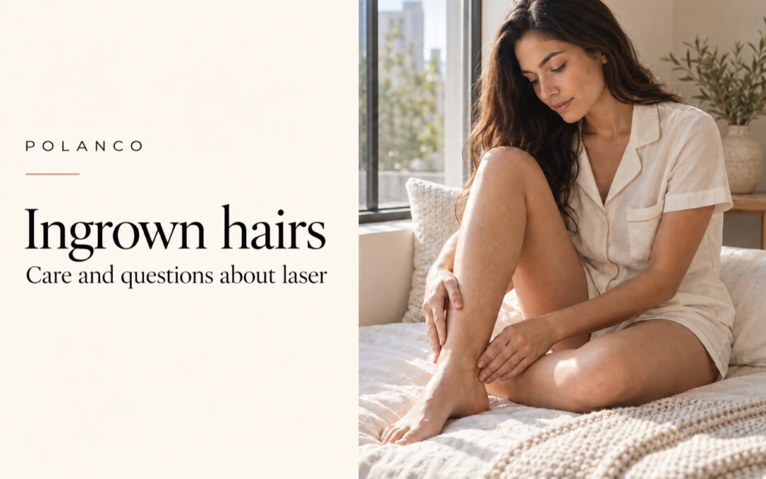 Adult woman looking at her lower leg; illustrative ingrown-hair guide cover, not a diagnosis.