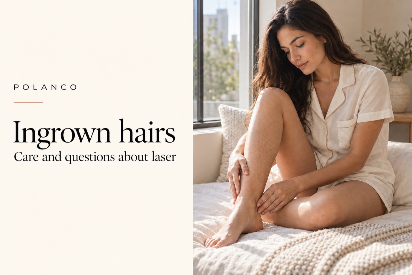 Adult woman looking at her lower leg; illustrative ingrown-hair guide cover, not a diagnosis.