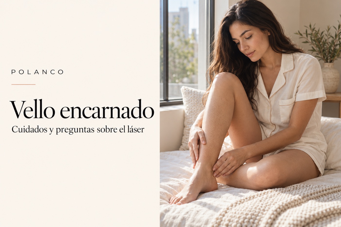 Mujer adulta observando su pierna; portada ilustrativa de vello encarnado, no diagnóstico.